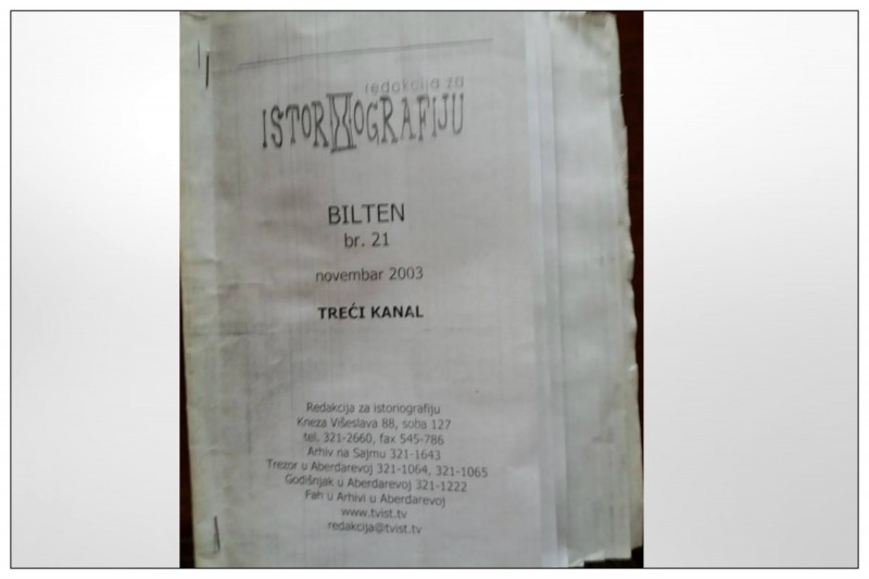 Objavljujem ovaj tekst još i zato što je taj bilten - koji su pripremile Vera Mileusnić i Bojana Andrić, koja ga je i potpisala kao odgovorni urednik, odštampan na kompjuterskom štampaču, u 400 primeraka, na običnom 80-gramskom bankpost papiru, čijih je 8 listova, ručno i nevešto ispresavijano na 16 stranica, potom spojenih spajalicama heftalice – već svojim izgledom rečito govorio o odnosu RTS-a prema sopstvenoj istoriji; kao što je to govorilo i skidanje ‘’Trezora’’ sa programa RTS - popularne i dragocene emisije koju je, takodje, uredjivala Bojana Andrić